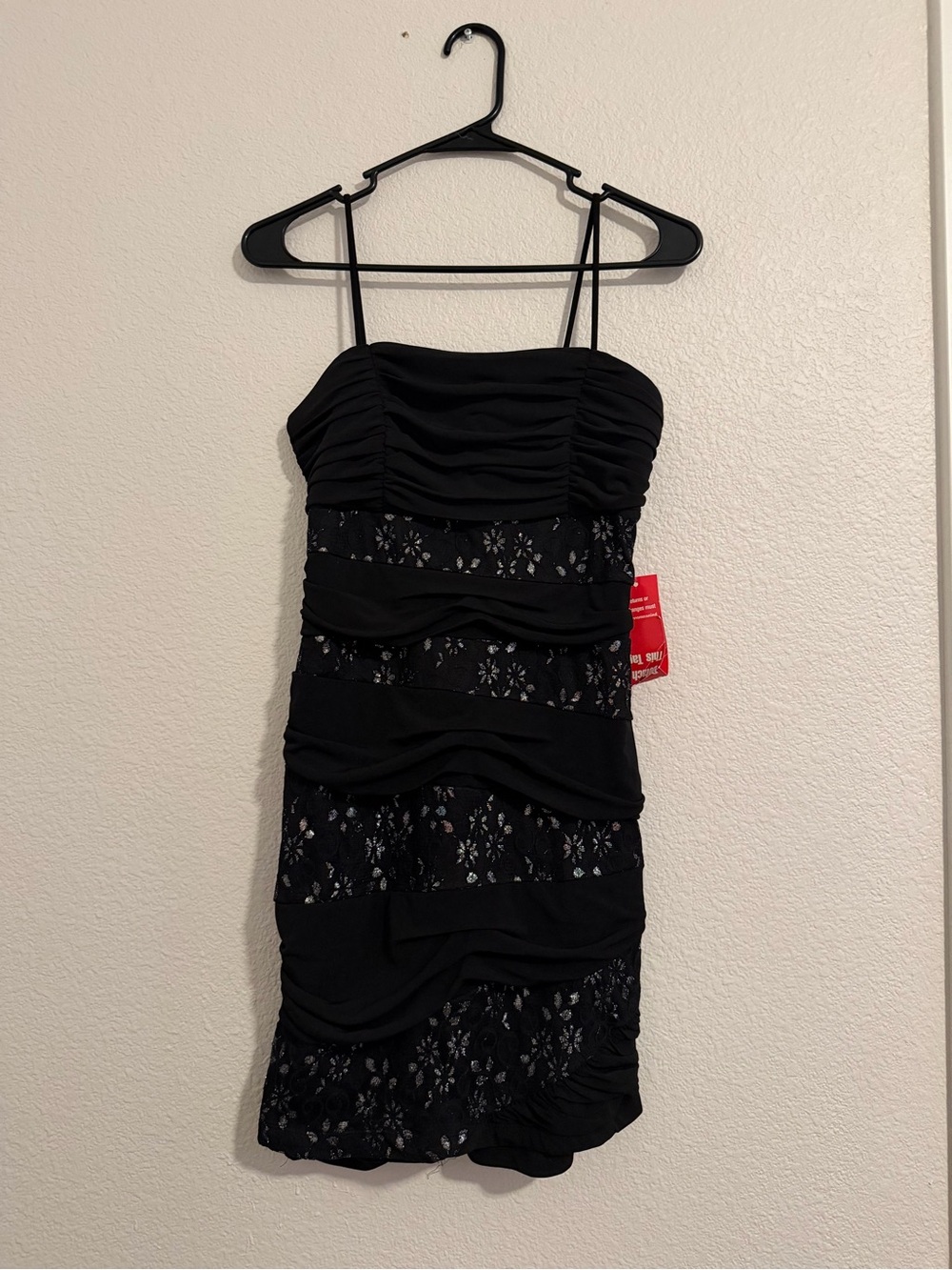 vintage 90s/2000s Black Ruched Lace-Panel Spaghetti Strap Dress